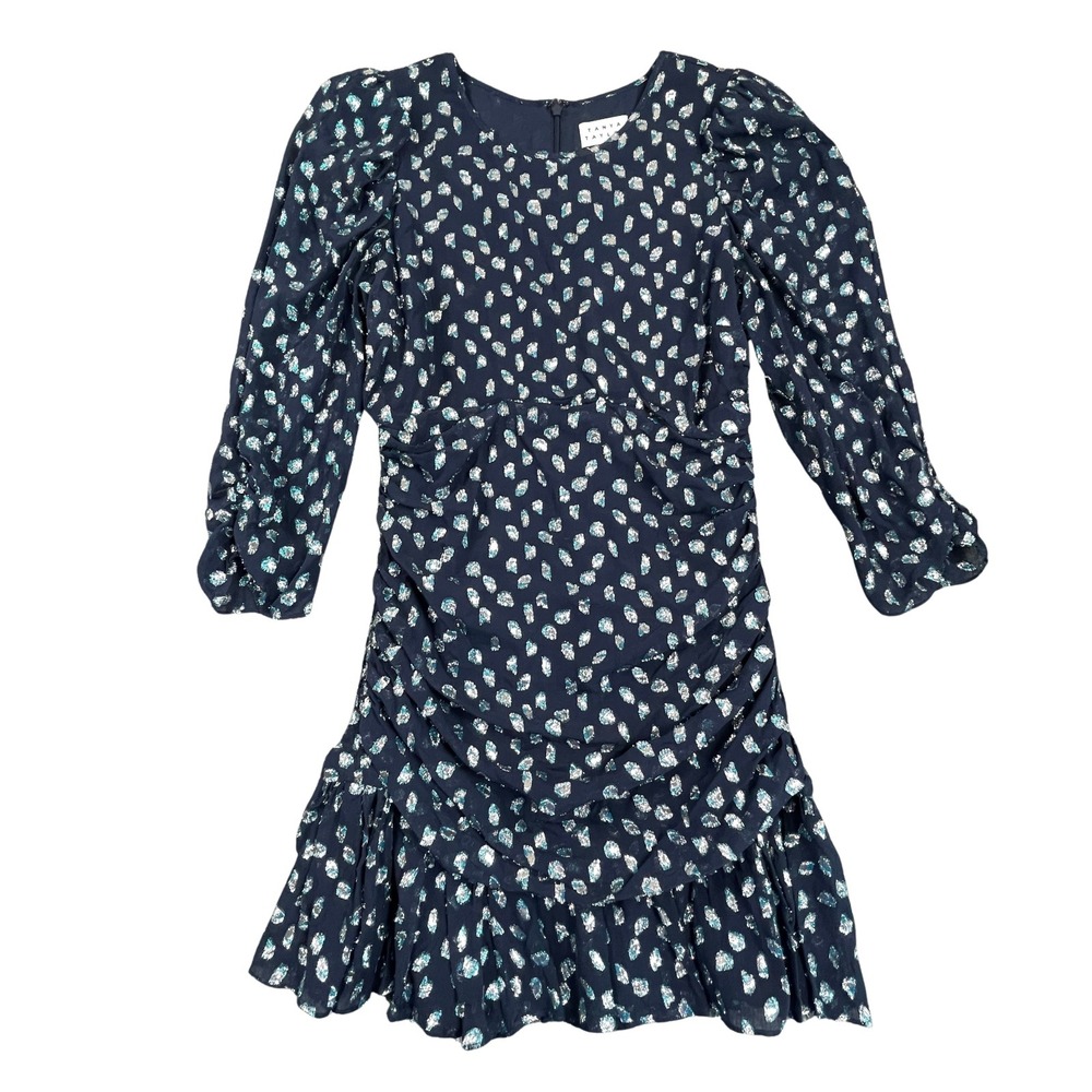 Tanya Taylor Raven Silk Metallic Ruched Dress Womens 8 Navy Blue Silver Cocktail